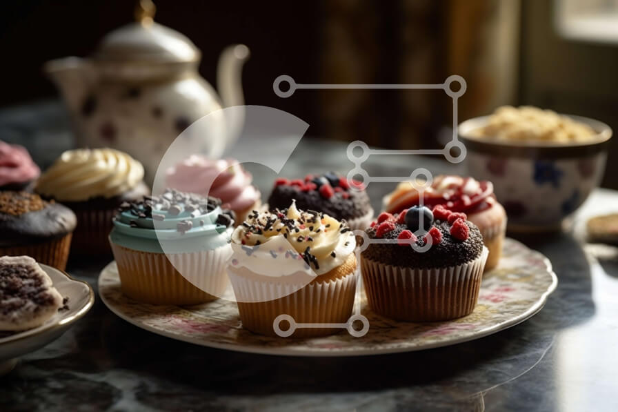 Σετ των 2 Intra Συλλεκτικό Ξύλινο Παζλ Plywood  4mm - Διάφορες γεύσεις Cupcakes σε τραπέζι με τσαγιέρα και φλιτζάνια Σε Ξύλινο Κουτί - Διαστάσεις: 10x10 cm – 25 κομμάτια