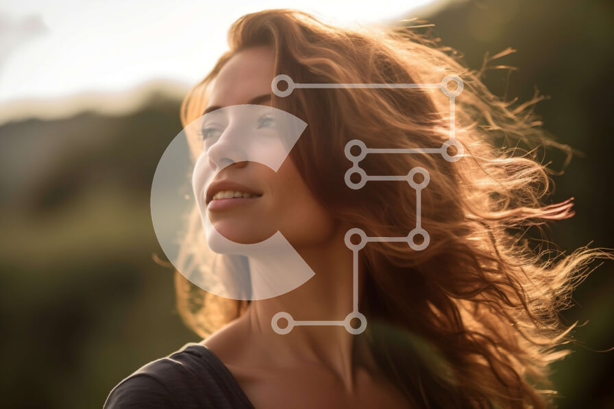 Intra Συλλεκτικό Ξύλινο Παζλ Plywood  4mm - Επίσημη γυναίκα με κόκκινα μαλλιά που στέκεται στο χωράφι με το όμορφο ηλιοβασίλεμα πίσω της Σε Ξύλινο Κουτί - Διαστάσεις Puzzle: 10x10 cm – 25 κομμάτια