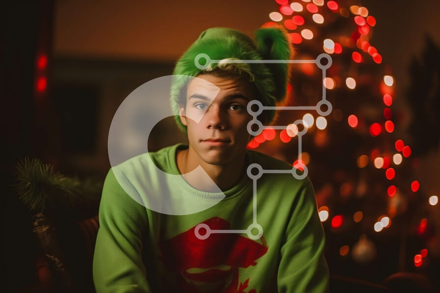 Intra Συλλεκτικό Ξύλινο Παζλ Plywood  4mm - Εορταστικός νεαρός άνδρας με χριστουγεννιάτικο πουλόβερ που κάθεται μπροστά από το δέντρο Σε Ξύλινο Κουτί - Διαστάσεις: 10x10 cm – 25 κομμάτια