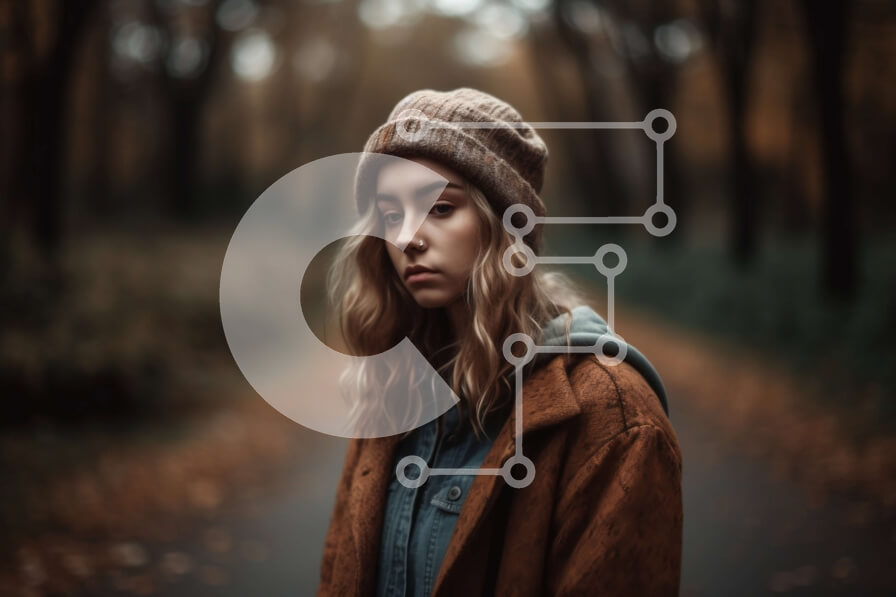 Intra Συλλεκτικό Ξύλινο Παζλ Plywood  4mm - Στοχαστική νεαρή γυναίκα στη μέση ενός δρόμου που περιβάλλεται από δέντρα Σε Ξύλινο Κουτί - Διαστάσεις Puzzle: 10x10 cm – 25 κομμάτια