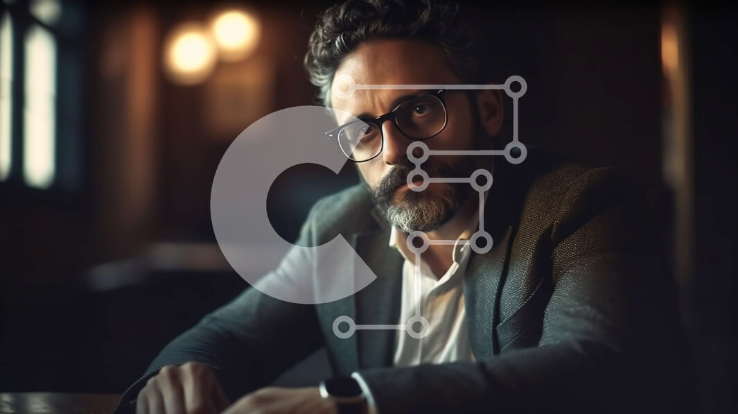 Intra Συλλεκτικό Ξύλινο Παζλ Plywood  4mm - Σοβαρός επιχειρηματίας με κοστούμι και γυαλιά που εργάζεται σε δωμάτιο με χαμηλό φωτισμό Σε Ξύλινο Κουτί - Διαστάσεις Puzzle: 10x10 cm – 25 κομμάτια