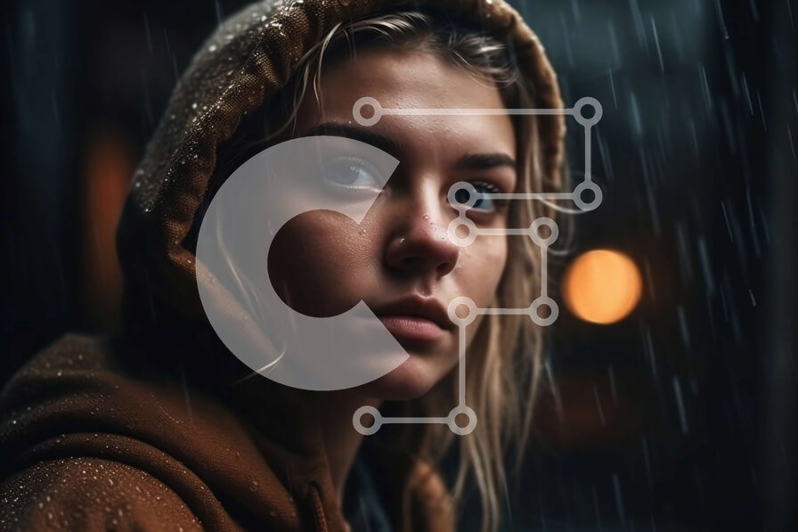 Intra Συλλεκτικό Ξύλινο Παζλ Plywood  4mm - Σοβαρή νεαρή γυναίκα που στέκεται στη βροχή φορώντας μια καφέ κουκούλα Σε Ξύλινο Κουτί - Διαστάσεις Puzzle: 10x10 cm – 25 κομμάτια