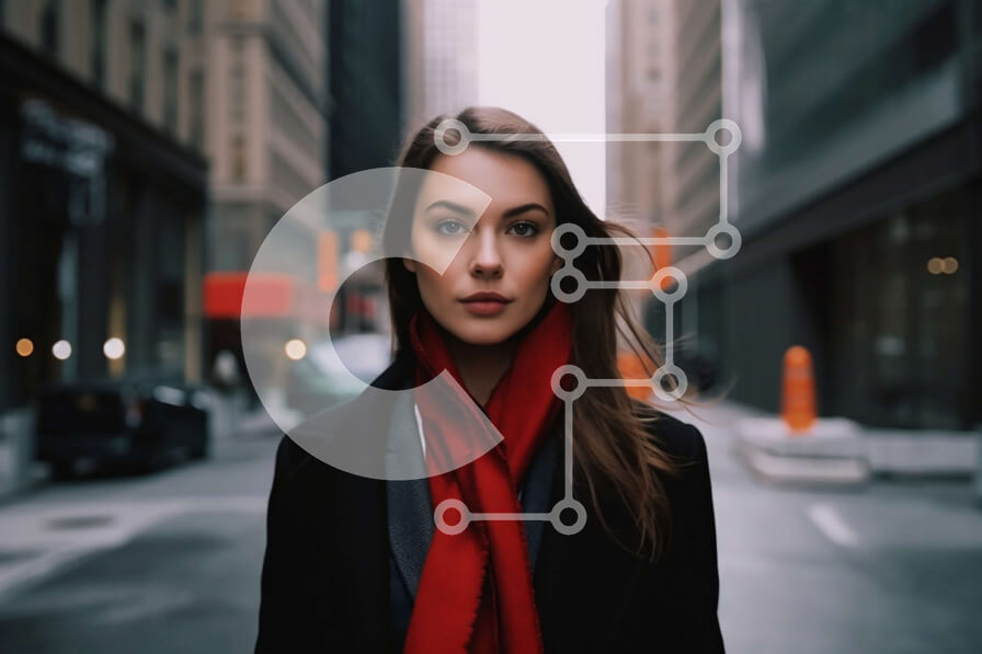 Intra Συλλεκτικό Ξύλινο Παζλ Plywood  4mm - Κομψή γυναίκα στο City Street με μαύρο παλτό και κόκκινο κασκόλ Σε Ξύλινο Κουτί - Διαστάσεις Puzzle: 10x10 cm – 25 κομμάτια