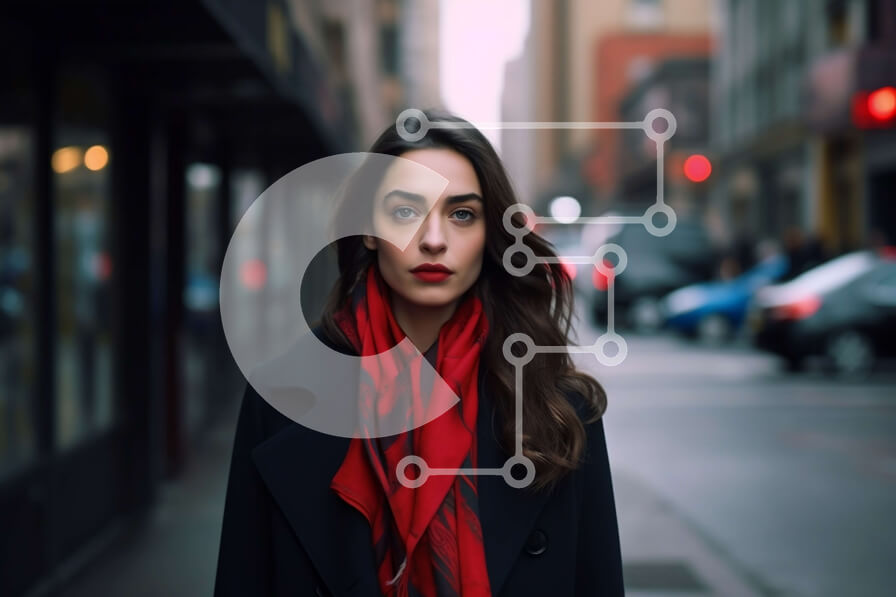 Intra Συλλεκτικό Ξύλινο Παζλ Plywood  4mm - Σοβαρή γυναίκα στο City Street με μαύρο παλτό και κόκκινο κασκόλ Σε Ξύλινο Κουτί - Διαστάσεις Puzzle: 10x10 cm – 25 κομμάτια