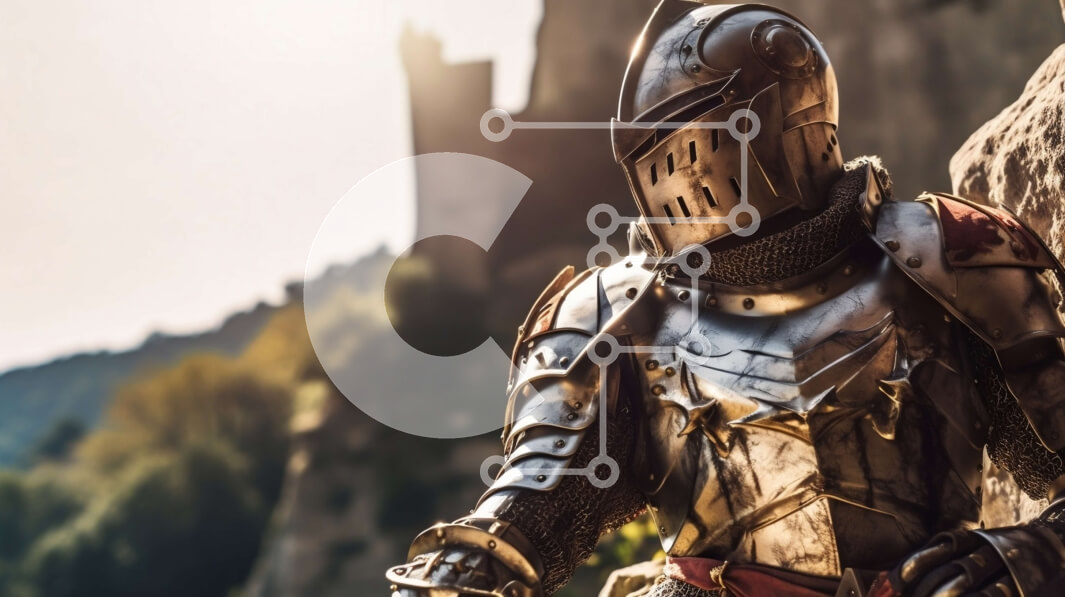 Intra Συλλεκτικό Ξύλινο Παζλ Plywood  4mm - Εικόνα ενός αποφασισμένου ιππότη με λαμπερή πανοπλία σε έναν βραχώδη βράχο Σε Ξύλινο Κουτί - Διαστάσεις Puzzle: 10x10 cm – 25 κομμάτια