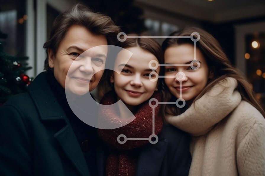 Intra Συλλεκτικό Ξύλινο Παζλ Plywood  4mm - Χαμογελαστή τριμελής οικογένεια με εορταστική ενδυμασία που στέκεται μπροστά από το χριστουγεννιάτικο δέντρο Σε Ξύλινο Κουτί - Διαστάσεις: 10x10 cm – 25 κομμάτια