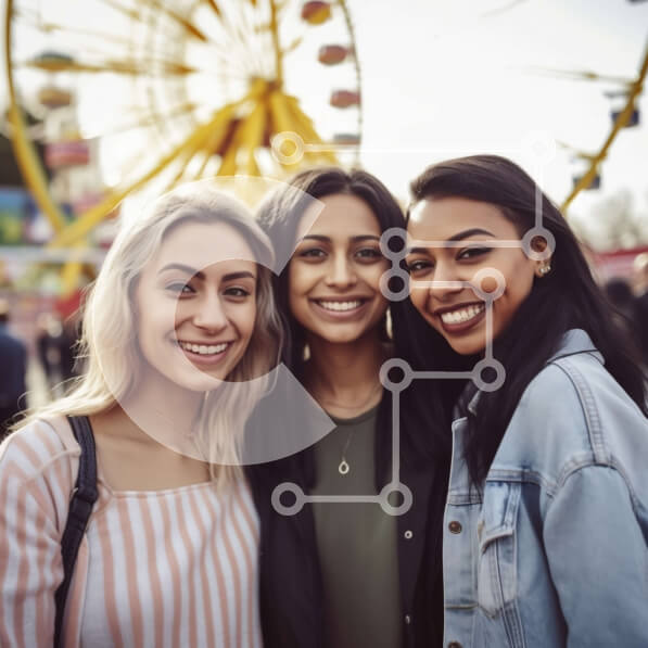 Intra Συλλεκτικό Ξύλινο Παζλ Plywood  4mm - Τρεις νεαρές γυναίκες σε ένα λούνα παρκ Σε Ξύλινο Κουτί - Διαστάσεις Puzzle: 10x10 cm – 25 κομμάτια