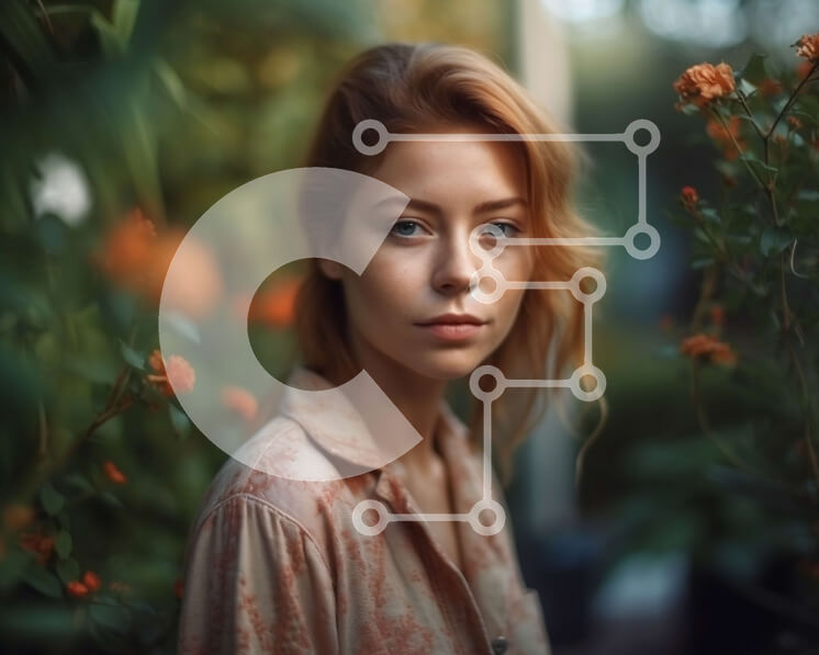 Intra Συλλεκτικό Ξύλινο Παζλ Plywood  4mm - Πορτρέτο μιας νεαρής γυναίκας με μακριά κόκκινα μαλλιά μπροστά από τον πορτοκαλί κήπο με λουλούδια Σε Ξύλινο Κουτί - Διαστάσεις Puzzle: 10x10 cm – 25 κομμάτια