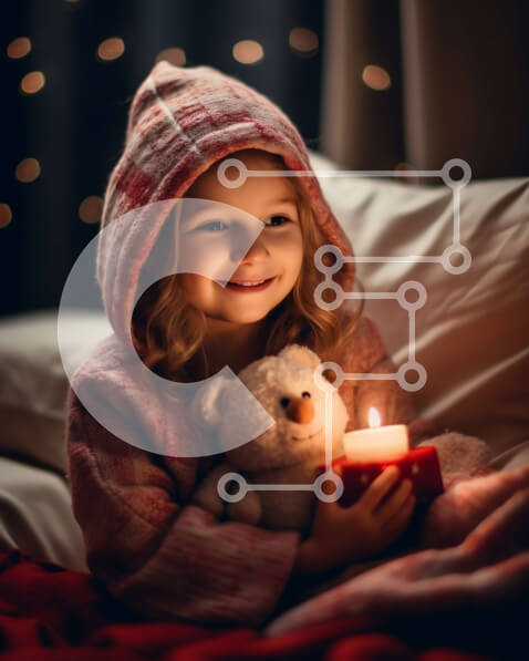 Intra Συλλεκτικό Ξύλινο Παζλ Plywood  4mm - Χαμογελώντας νεαρή κοπέλα με κερί και παραγεμισμένο ζώο στο κρεβάτι Σε Ξύλινο Κουτί - Διαστάσεις Puzzle: 10x10 cm – 25 κομμάτια