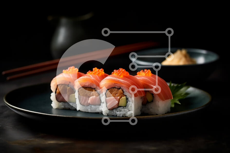 Σετ των 2 Intra Συλλεκτικό Ξύλινο Παζλ Plywood  4mm - Νόστιμο ρολό σούσι σολομού και αβοκάντο σε μαύρο πιάτο Σε Ξύλινο Κουτί - Διαστάσεις: 10x10 cm – 25 κομμάτια