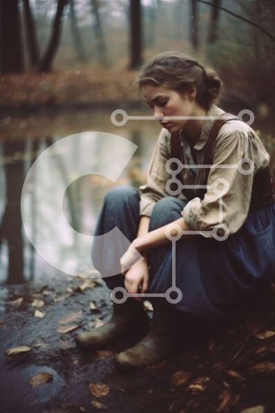 Intra Συλλεκτικό Ξύλινο Παζλ Plywood  4mm - Λυπημένη νεαρή γυναίκα που κάθεται στην όχθη ενός ποταμού σε ένα δάσος Σε Ξύλινο Κουτί - Διαστάσεις Puzzle: 10x10 cm – 25 κομμάτια