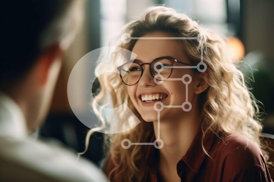 Intra Συλλεκτικό Ξύλινο Παζλ Plywood  4mm - Χαμογελαστή γυναίκα με σγουρά μαλλιά και γυαλιά που μιλά σε έναν άνδρα σε ένα καφέ Σε Ξύλινο Κουτί - Διαστάσεις Puzzle: 10x10 cm – 25 κομμάτια