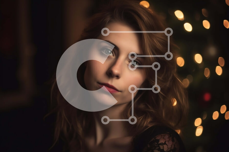 Intra Συλλεκτικό Ξύλινο Παζλ Plywood  4mm - Νεαρή γυναίκα με μαύρο φόρεμα που στέκεται μπροστά από το χριστουγεννιάτικο δέντρο Σε Ξύλινο Κουτί - Διαστάσεις Puzzle: 10x10 cm – 25 κομμάτια