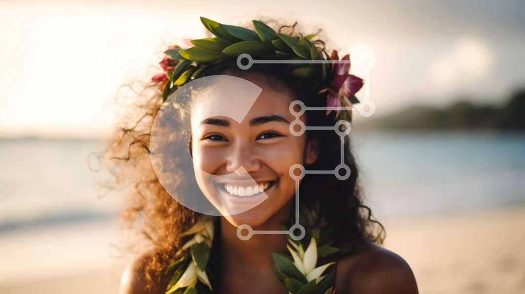 Intra Συλλεκτικό Ξύλινο Παζλ Plywood  4mm - Ευτυχισμένη νεαρή γυναίκα με ένα Lei στην παραλία Σε Ξύλινο Κουτί - Διαστάσεις Puzzle: 10x10 cm – 25 κομμάτια