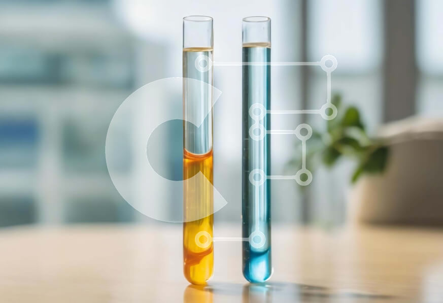 Intra Συλλεκτικό Ξύλινο Παζλ Plywood  4mm - Δοκιμαστικοί σωλήνες εργαστηρίου με μπλε και πορτοκαλί υγρά Σε Ξύλινο Κουτί - Διαστάσεις Puzzle: 10x10 cm – 25 κομμάτια