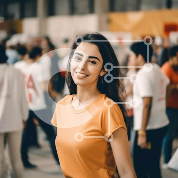 Intra Συλλεκτικό Ξύλινο Παζλ Plywood  4mm - Νεαρή γυναίκα με σγουρά μαλλιά και πορτοκαλί πουκάμισο που χαμογελά στο πλήθος Σε Ξύλινο Κουτί - Διαστάσεις Puzzle: 10x10 cm – 25 κομμάτια