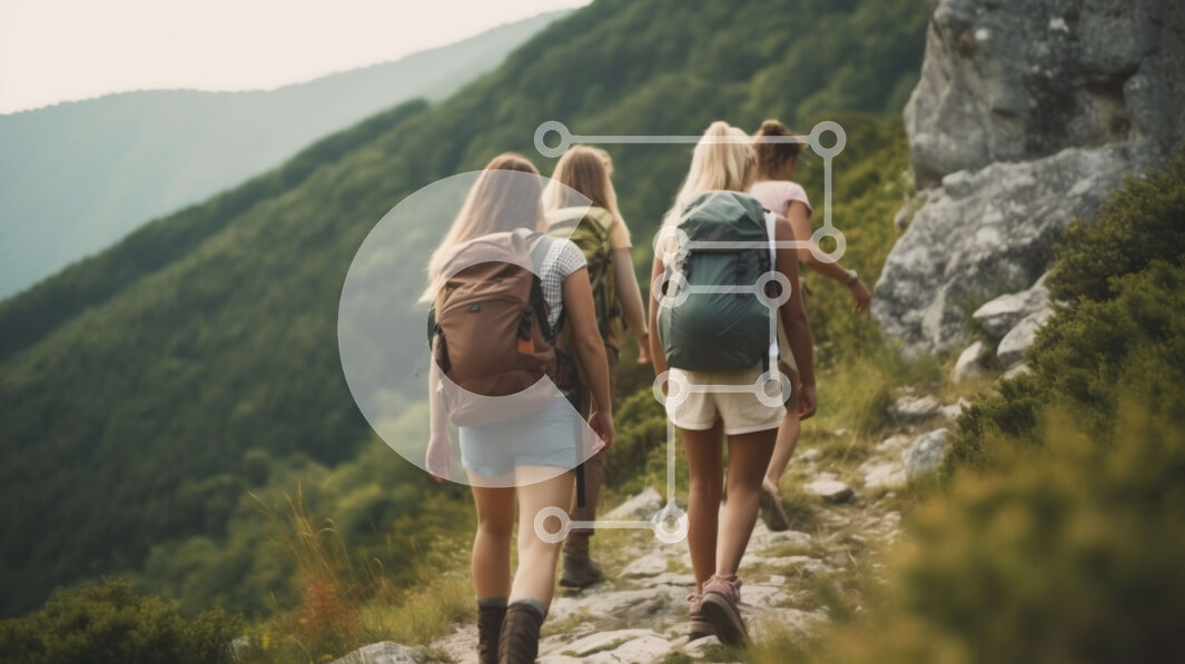 Intra Συλλεκτικό Ξύλινο Παζλ Plywood  4mm - Τέσσερις γυναίκες πεζοπόροι σε μονοπάτι βραχώδους βουνού με σακίδια πλάτης και κοντάρια Σε Ξύλινο Κουτί - Διαστάσεις: 10x10 cm – 25 κομμάτια