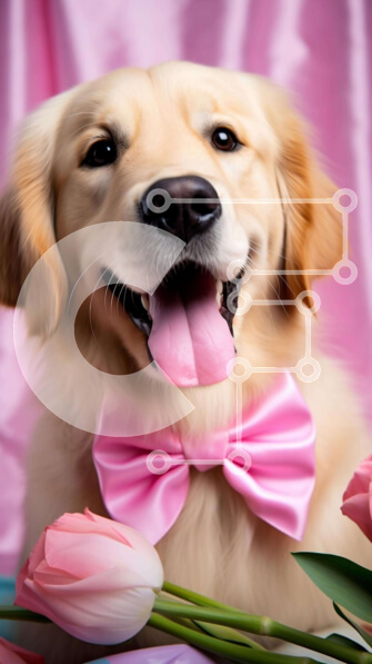 Σετ των 2 Intra Συλλεκτικό Ξύλινο Παζλ Plywood  4mm - Χαμογελαστός σκύλος Γκόλντεν Ριτρίβερ με ροζ παπιγιόν και τουλίπες Σε Ξύλινο Κουτί - Διαστάσεις: 10x10 cm – 25 κομμάτια