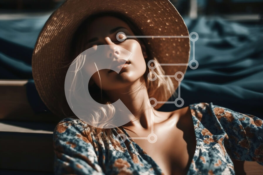 Intra Συλλεκτικό Ξύλινο Παζλ Plywood  4mm - Χαλαρώνοντας δίπλα στην πισίνα: Γυναίκα με φλοράλ φόρεμα και ψάθινο καπέλο κοιτάζοντας το τηλέφωνο Σε Ξύλινο Κουτί - Διαστάσεις Puzzle: 10x10 cm – 25 κομμάτια