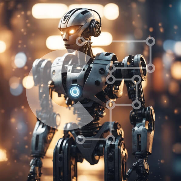 Intra Συλλεκτικό Ξύλινο Παζλ Plywood  4mm - Φουτουριστικό ρομπότ σε αστικό τοπίο με λαμπερά μάτια Σε Ξύλινο Κουτί - Διαστάσεις Puzzle: 10x10 cm – 25 κομμάτια