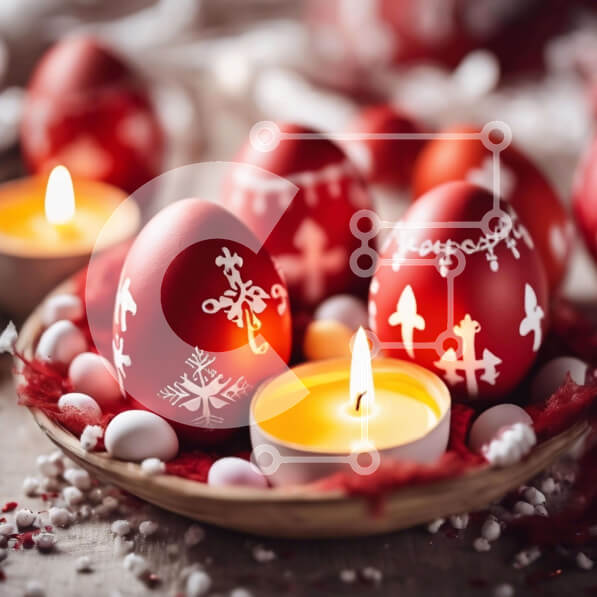 Intra Συλλεκτικό Ξύλινο Παζλ Plywood  4mm - Κόκκινα Πασχαλινά αυγά σε ξύλινο μπολ με κεριά και νιφάδες χιονιού Σε Ξύλινο Κουτί - Διαστάσεις: 10x10 cm – 25 κομμάτια