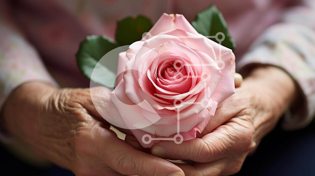 Intra Συλλεκτικό Ξύλινο Παζλ Plywood  4mm - Ηλικιωμένη γυναίκα που κρατά το ροζ τριαντάφυλλο Σε Ξύλινο Κουτί - Διαστάσεις Puzzle: 10x10 cm – 25 κομμάτια