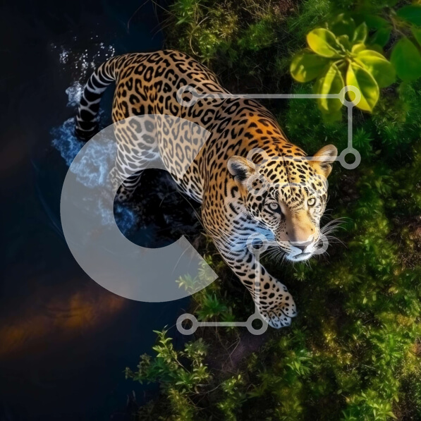 Intra Συλλεκτικό Ξύλινο Παζλ Plywood  4mm - Εναέρια άποψη του Jaguar που περπατά στο νερό κοντά σε δέντρα Σε Ξύλινο Κουτί - Διαστάσεις: 10x10 cm – 25 κομμάτια