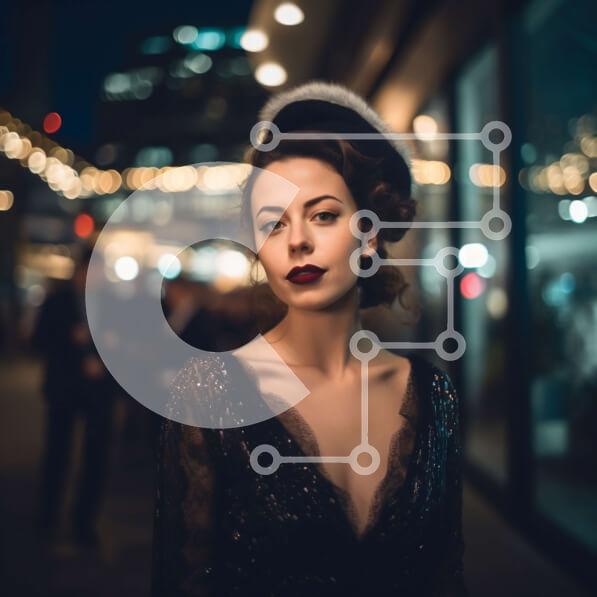 Σετ των 2 Intra Συλλεκτικό Ξύλινο Παζλ Plywood  4mm - Κομψή γυναίκα με μαύρο φόρεμα και καπέλο που στέκεται στην πολυσύχναστη οδό της πόλης τη νύχτα Σε Ξύλινο Κουτί - Διαστάσεις: 10x10 cm – 25 κομμάτια