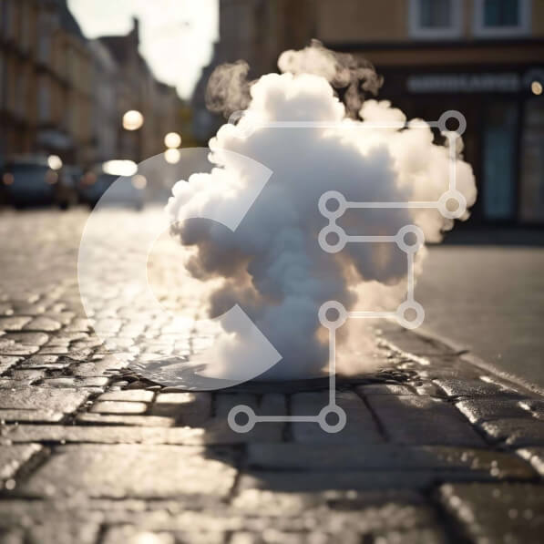 Intra Συλλεκτικό Ξύλινο Παζλ Plywood  4mm - Ατμός που βγαίνει από ένα φρεάτιο στη μέση ενός δρόμου Σε Ξύλινο Κουτί - Διαστάσεις Puzzle: 10x10 cm – 25 κομμάτια