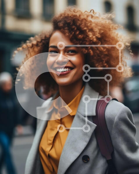 Intra Συλλεκτικό Ξύλινο Παζλ Plywood  4mm - Ευτυχισμένη νεαρή γυναίκα με σακίδιο που περπατά σε έναν πολυσύχναστο δρόμο της πόλης Σε Ξύλινο Κουτί - Διαστάσεις Puzzle: 10x10 cm – 25 κομμάτια