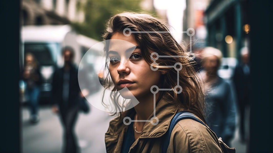 Intra Συλλεκτικό Ξύλινο Παζλ Plywood  4mm - Ουδέτερη έκφραση νεαρής γυναίκας που στέκεται στην πολυσύχναστη οδό της πόλης Σε Ξύλινο Κουτί - Διαστάσεις Puzzle: 10x10 cm – 25 κομμάτια