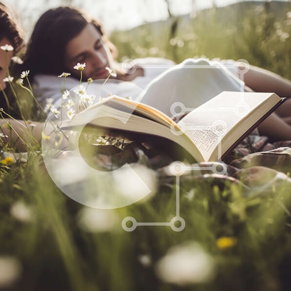 Intra Συλλεκτικό Ξύλινο Παζλ Plywood  4mm - Ρομαντική εικόνα του ζευγαριού που διαβάζει σε αγριολούλουδα μια καθαρή μέρα Σε Ξύλινο Κουτί - Διαστάσεις Puzzle: 10x10 cm – 25 κομμάτια