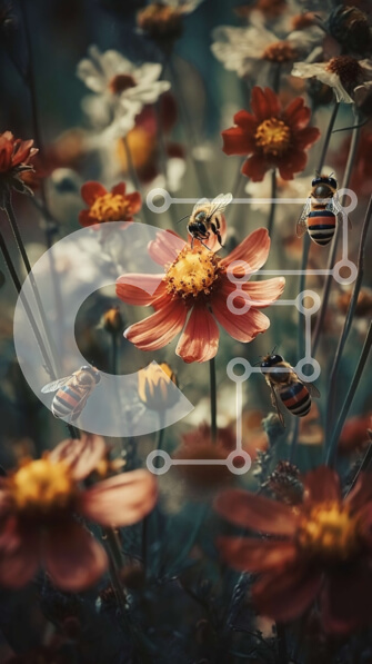 Σετ των 2 Intra Συλλεκτικό Ξύλινο Παζλ Plywood  4mm - Ζωντανό χωράφι με λουλούδια με μέλισσες που πετούν γύρω τους Σε Ξύλινο Κουτί - Διαστάσεις: 10x10 cm – 25 κομμάτια