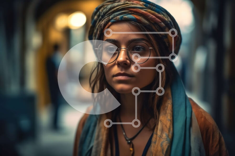 Intra Συλλεκτικό Ξύλινο Παζλ Plywood  4mm - Κομψή γυναίκα με τουρμπάνι και ποτήρια που στέκονται σε ένα δρομάκι Σε Ξύλινο Κουτί - Διαστάσεις Puzzle: 10x10 cm – 25 κομμάτια