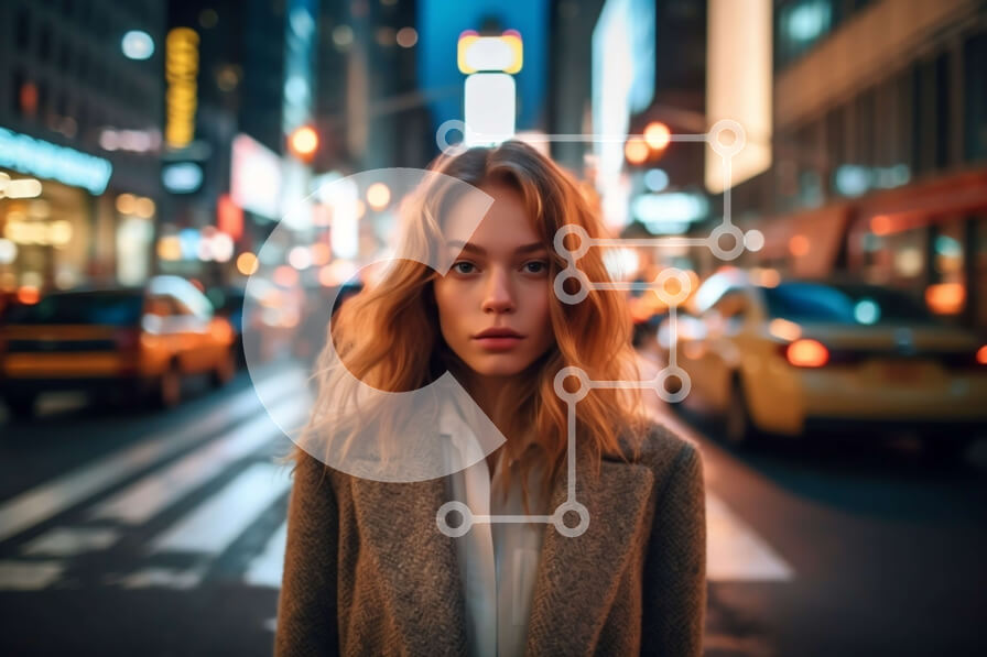 Intra Συλλεκτικό Ξύλινο Παζλ Plywood  4mm - Σοβαρή νεαρή γυναίκα με καφέ παλτό στην πολυσύχναστη οδό της πόλης τη νύχτα Σε Ξύλινο Κουτί - Διαστάσεις Puzzle: 10x10 cm – 25 κομμάτια