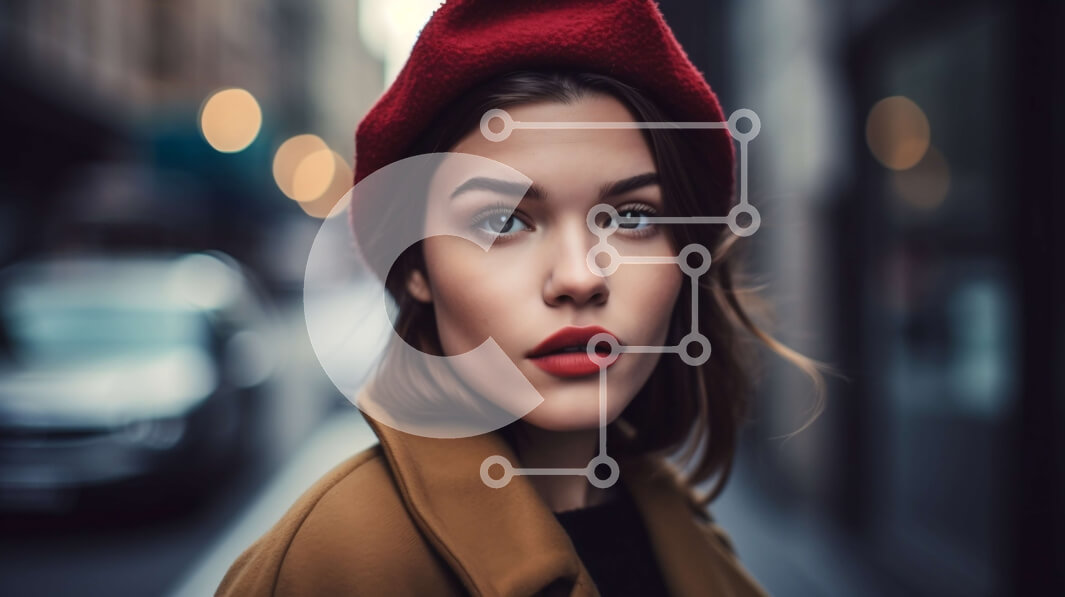 Intra Συλλεκτικό Ξύλινο Παζλ Plywood  4mm - Σοβαρή γυναίκα με σγουρά καστανά μαλλιά με κόκκινο μπερέ και καφέ παλτό στο City Street Σε Ξύλινο Κουτί - Διαστάσεις Puzzle: 10x10 cm – 25 κομμάτια