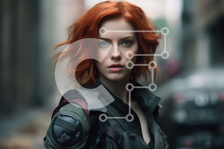 Intra Συλλεκτικό Ξύλινο Παζλ Plywood  4mm - Κομψή κοκκινομάλλα γυναίκα που φαίνεται σοβαρή στη μέση της οδού της πόλης Σε Ξύλινο Κουτί - Διαστάσεις Puzzle: 10x10 cm – 25 κομμάτια