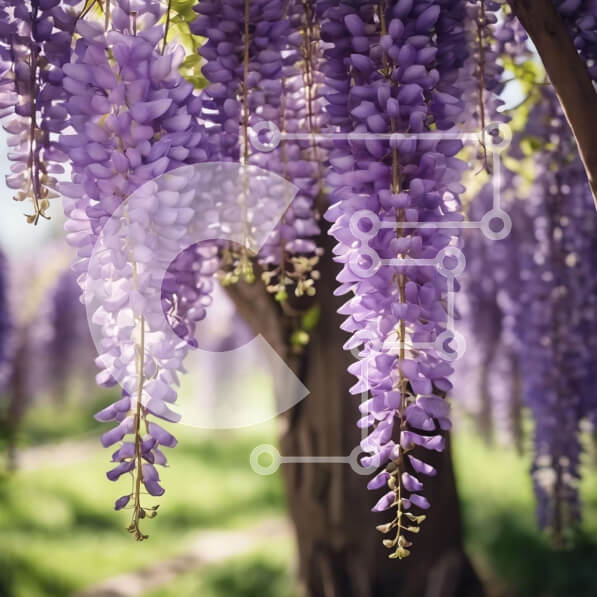 Intra Συλλεκτικό Ξύλινο Παζλ Plywood  4mm - Μωβ λουλούδια Wisteria που κρέμονται από κλαδιά δέντρων Σε Ξύλινο Κουτί - Διαστάσεις: 10x10 cm – 25 κομμάτια