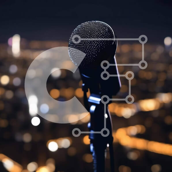 Intra Συλλεκτικό Ξύλινο Παζλ Plywood  4mm - Μικρόφωνο μπροστά από το φωτισμένο αστικό τοπίο για ηχογράφηση ή μετάδοση Σε Ξύλινο Κουτί - Διαστάσεις Puzzle: 10x10 cm – 25 κομμάτια