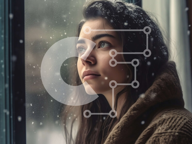 Intra Συλλεκτικό Ξύλινο Παζλ Plywood  4mm - Στοχαστική νεαρή γυναίκα που παρακολουθεί τη χιονόπτωση έξω Σε Ξύλινο Κουτί - Διαστάσεις Puzzle: 10x10 cm – 25 κομμάτια