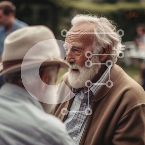 Intra Συλλεκτικό Ξύλινο Παζλ Plywood  4mm - Ηλικιωμένοι άνδρες με καπέλα και γυαλιά ηλίου που μιλούν σε μια καθαρή μέρα Σε Ξύλινο Κουτί - Διαστάσεις Puzzle: 10x10 cm – 25 κομμάτια