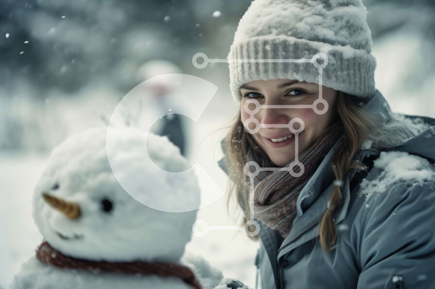 Intra Συλλεκτικό Ξύλινο Παζλ Plywood  4mm - Χειμερινό πορτρέτο γυναίκας που στέκεται δίπλα στον χιονάνθρωπο Σε Ξύλινο Κουτί - Διαστάσεις Puzzle: 10x10 cm – 25 κομμάτια