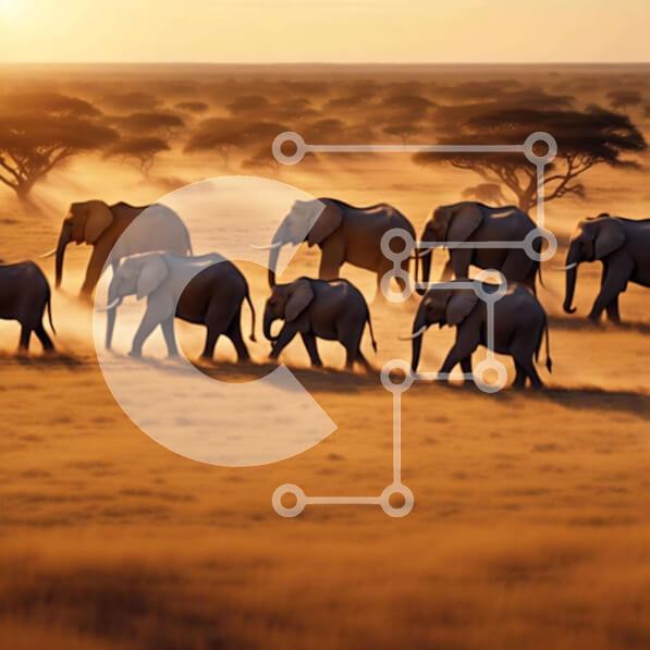 Intra Συλλεκτικό Ξύλινο Παζλ Plywood  4mm - Κοπάδι ελεφάντων που περπατά στο ηλιοβασίλεμα Σε Ξύλινο Κουτί - Διαστάσεις: 10x10 cm – 25 κομμάτια