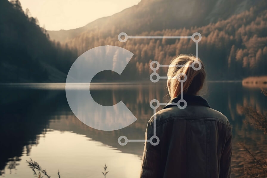 Intra Συλλεκτικό Ξύλινο Παζλ Plywood  4mm - Όμορφο τοπίο μιας ορεινής λίμνης στο ηλιοβασίλεμα με μια γυναίκα που στέκεται στην ακτή Σε Ξύλινο Κουτί - Διαστάσεις: 10x10 cm – 25 κομμάτια