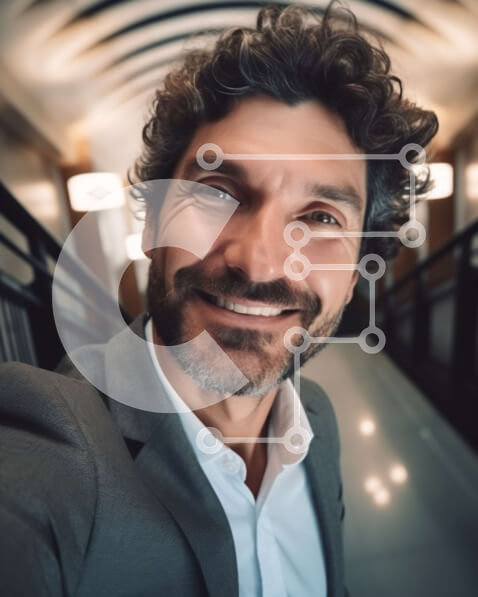 Intra Συλλεκτικό Ξύλινο Παζλ Plywood  4mm - Χαμογελαστός άνδρας που βγάζει selfie σε τσιμεντένια σκάλα με μεταλλικά κιγκλιδώματα Σε Ξύλινο Κουτί - Διαστάσεις Puzzle: 10x10 cm – 25 κομμάτια