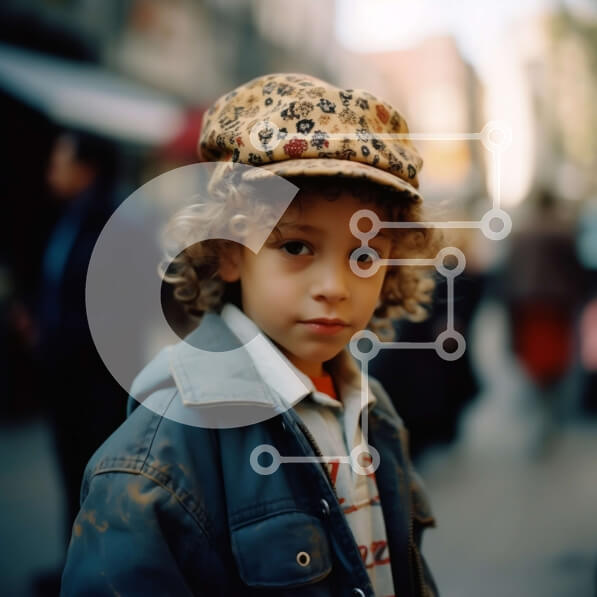 Intra Συλλεκτικό Ξύλινο Παζλ Plywood  4mm - Πορτρέτο ενός νεαρού αγοριού με καπέλο με λεοπάρ τύπωμα σε έναν δρόμο της πόλης Σε Ξύλινο Κουτί - Διαστάσεις Puzzle: 10x10 cm – 25 κομμάτια