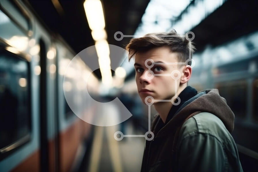 Intra Συλλεκτικό Ξύλινο Παζλ Plywood  4mm - Σοβαρός νεαρός άνδρας με πράσινο σακάκι στην πλατφόρμα τρένου Σε Ξύλινο Κουτί - Διαστάσεις Puzzle: 10x10 cm – 25 κομμάτια