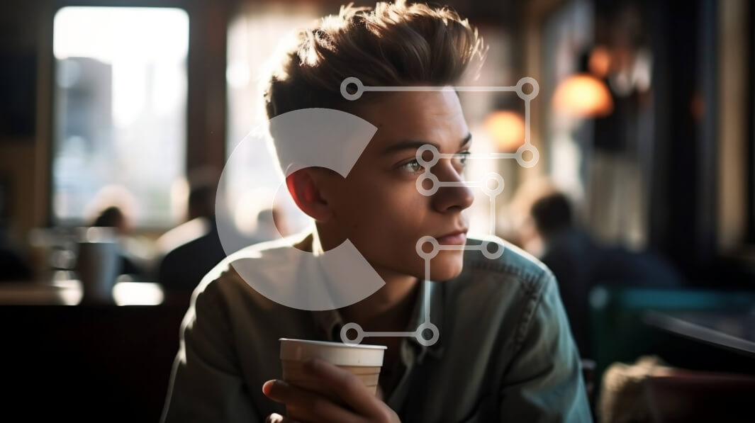 Intra Συλλεκτικό Ξύλινο Παζλ Plywood  4mm - Χαλαρώστε με ένα φλιτζάνι καφέ - Νεαρός άνδρας που κάθεται στο καφενείο Σε Ξύλινο Κουτί - Διαστάσεις Puzzle: 10x10 cm – 25 κομμάτια