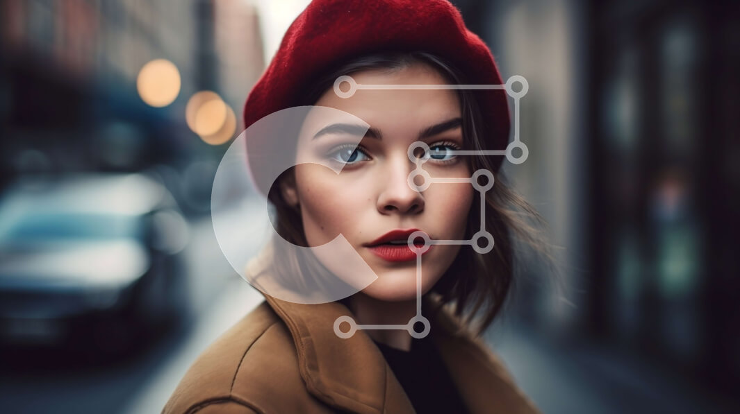 Intra Συλλεκτικό Ξύλινο Παζλ Plywood  4mm - Σοβαρή νεαρή γυναίκα με κόκκινο μπερέ και καφέ παλτό στην οδό City Σε Ξύλινο Κουτί - Διαστάσεις Puzzle: 10x10 cm – 25 κομμάτια