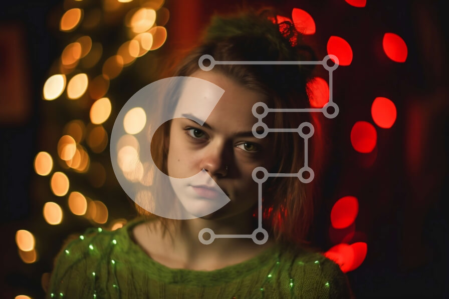 Intra Συλλεκτικό Ξύλινο Παζλ Plywood  4mm - Σοβαρή νεαρή γυναίκα ποζάρει μπροστά από το χριστουγεννιάτικο δέντρο με φώτα που αναβοσβήνουν Σε Ξύλινο Κουτί - Διαστάσεις Puzzle: 10x10 cm – 25 κομμάτια